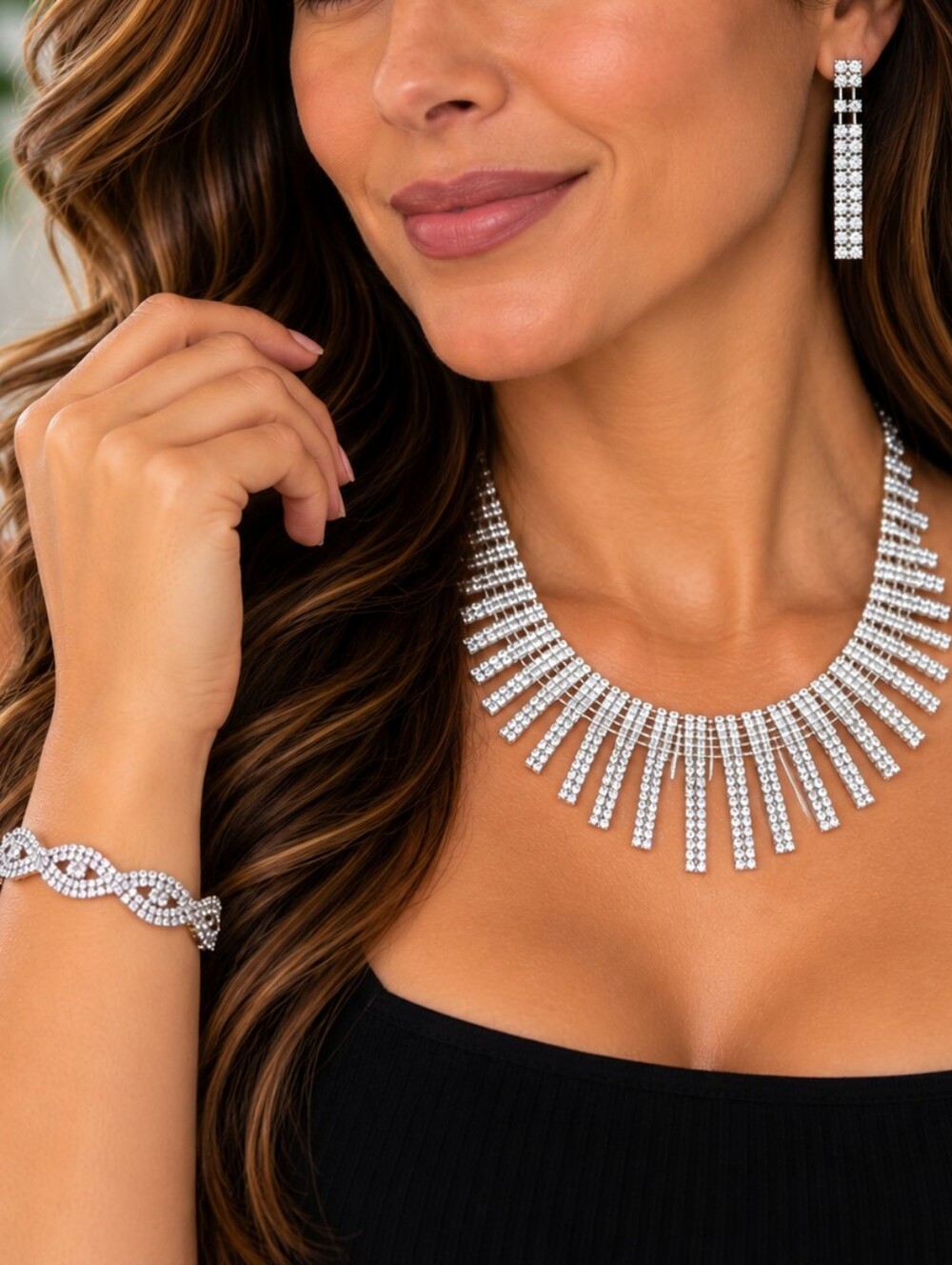 💎 Silver Tone Rhinestone Necklace Earring Bracelet Set Formal Statement